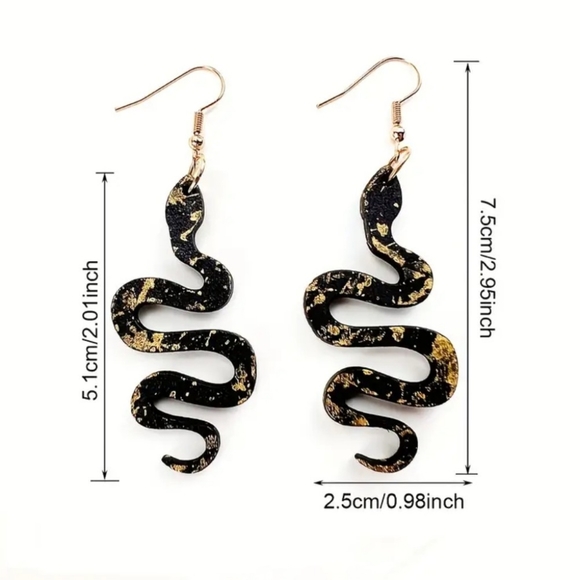 🌷5 For $15🌷 Wooden Black & Gold Flecked Snake Hook & Dangle Earrings - Picture 3 of 3